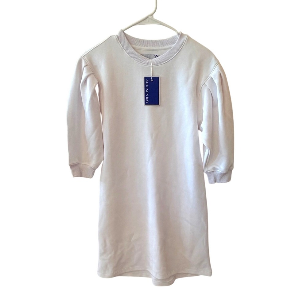 New $128 ADDISON BAY White Classic Preppy Scuba Sweatshirt Dress Puff Sleeve XS